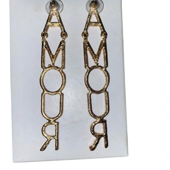 Amour LOVE Red Rhinestone Crystal Gold Long Drop Earrings Valentines Glam - Picture 8 of 8